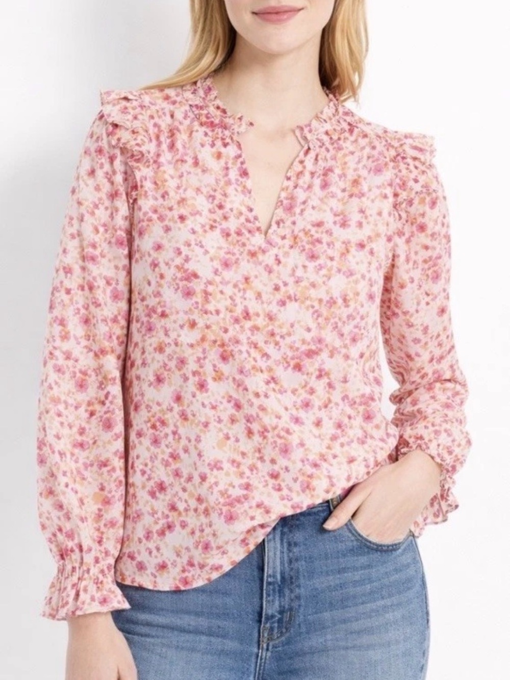 J. Crew Pink Floral Ruffle V-Neck Blouse Sz L